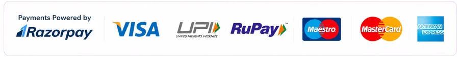 Payments powered by Razorpay, Visa, UPI, RuPay, Maestro, Mastercard and American Express